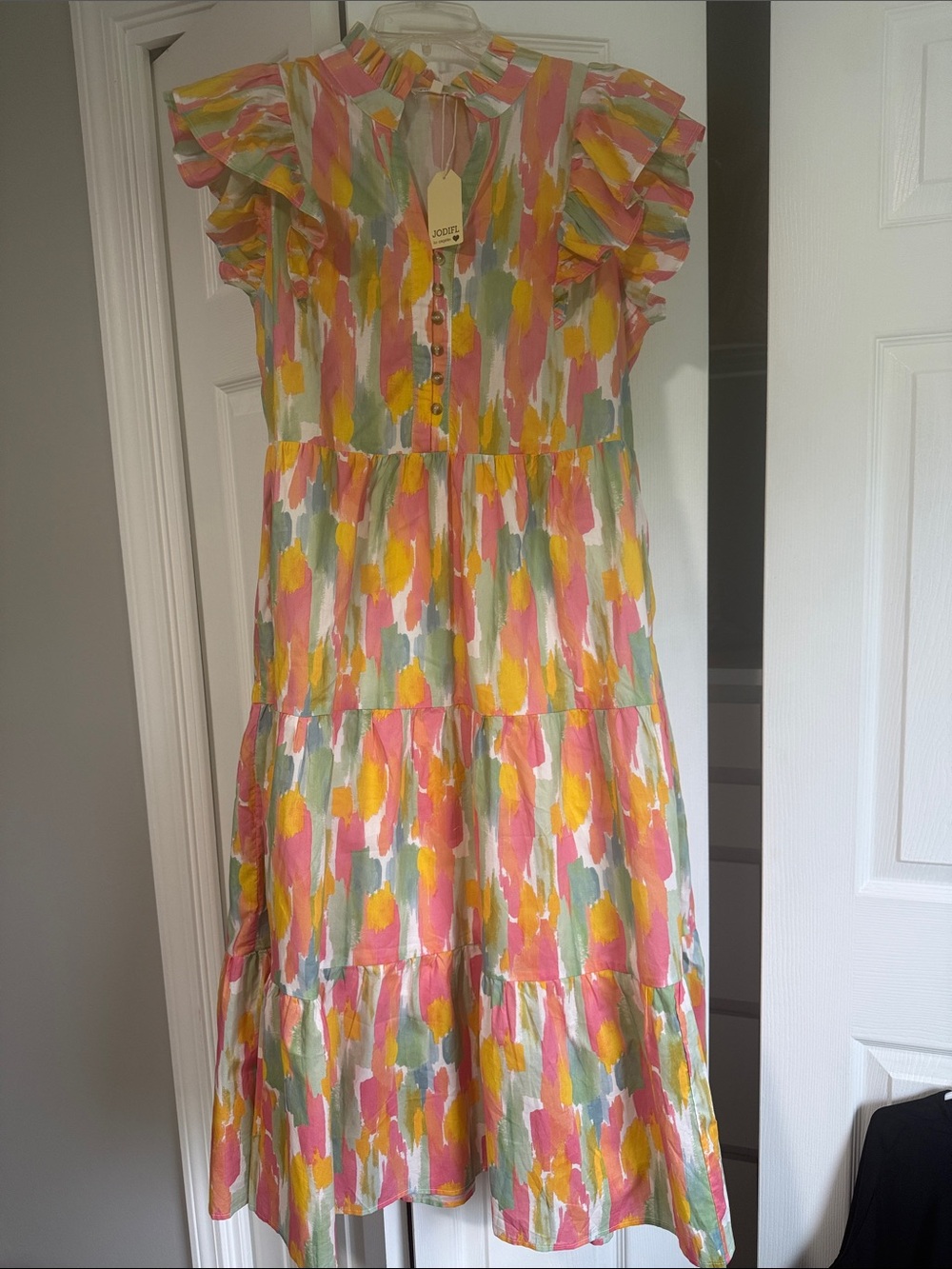 JODIFL Women’s Tiered Brushstroke Dress - Pink, Yellow & Green